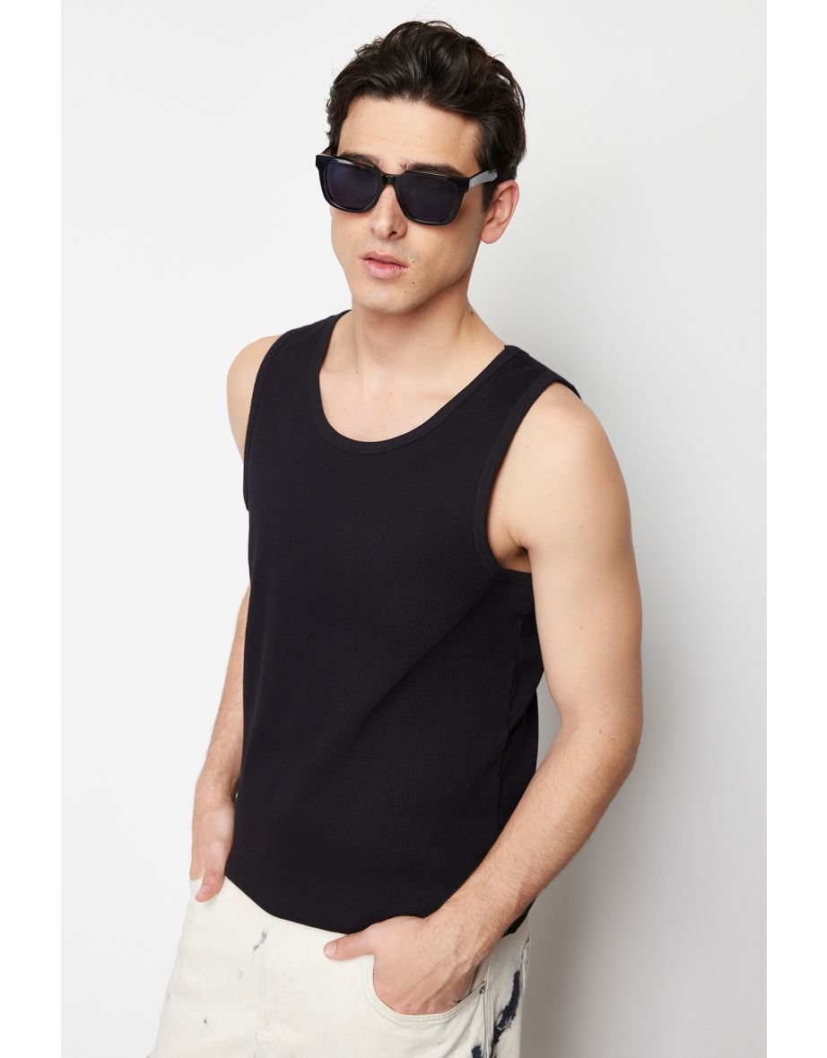 Black Men's Slim/Narrow Cut Corded Basic Sleeveless Tank top /Singlet - 7