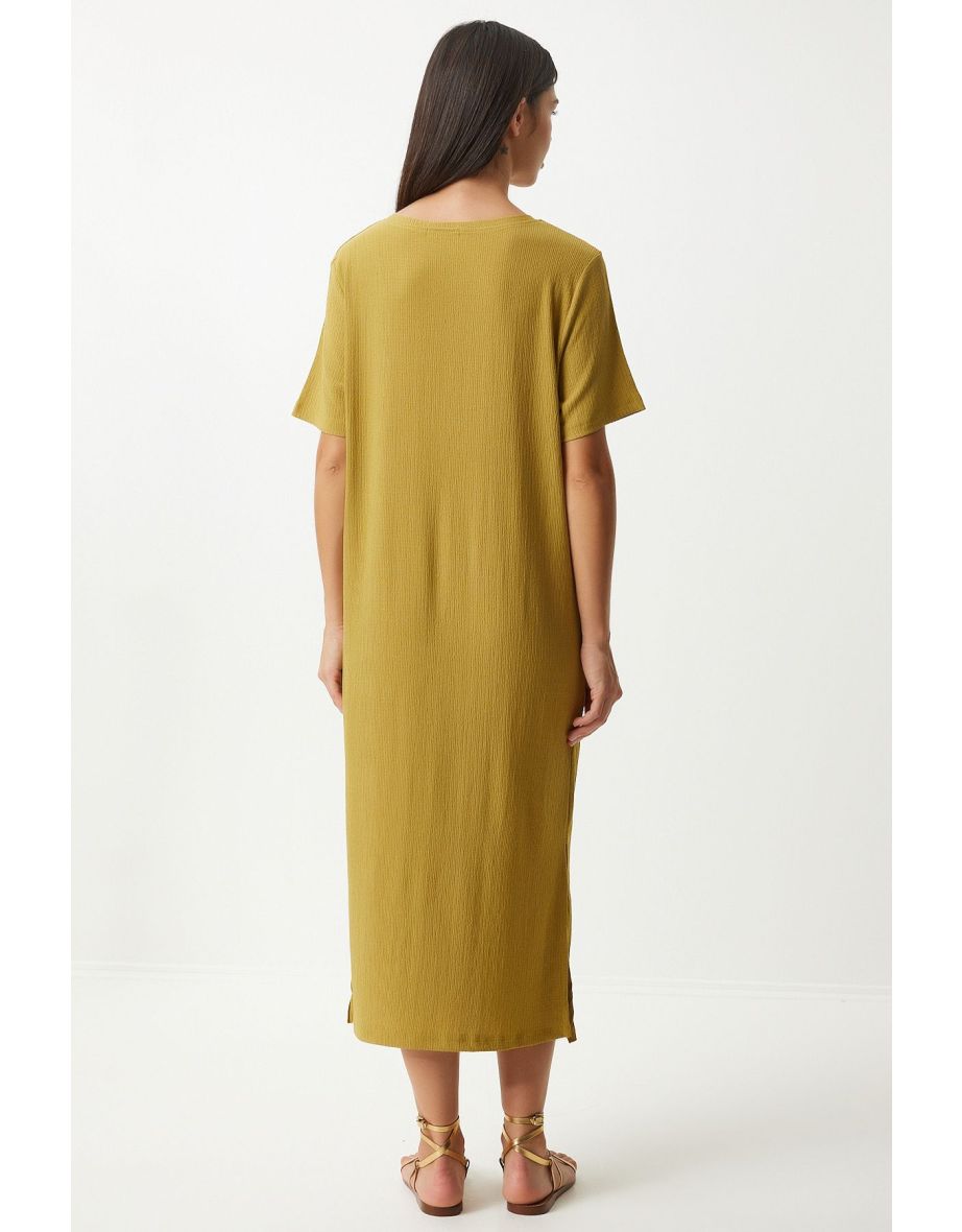 Women's Oil Green Loose Long Daily Summer Knitted Dress - 5
