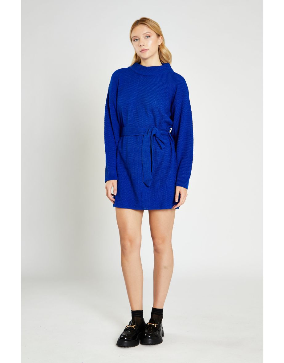 Glamorous Royal Blue Knitted Mini Dress with Tie Belt