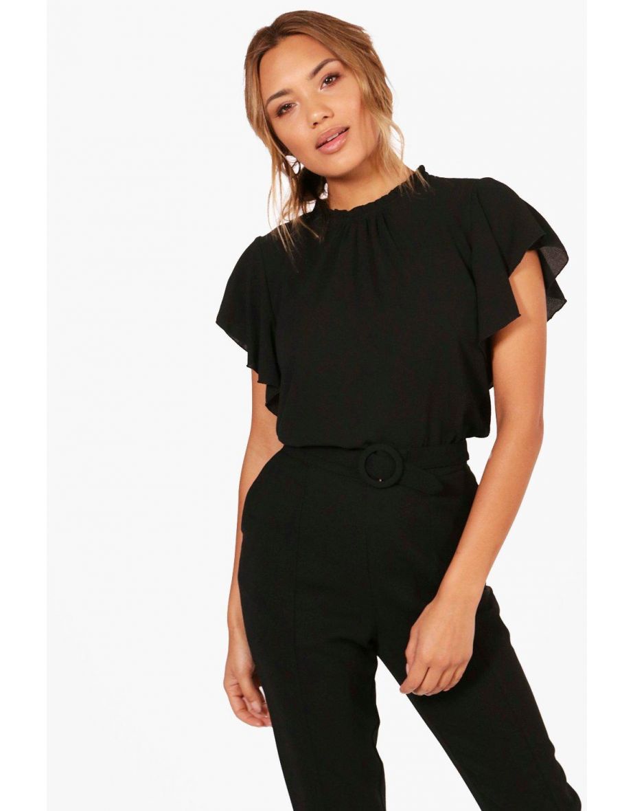 Lily Woven Frill Sleeve And Neck Blouse - BLACK