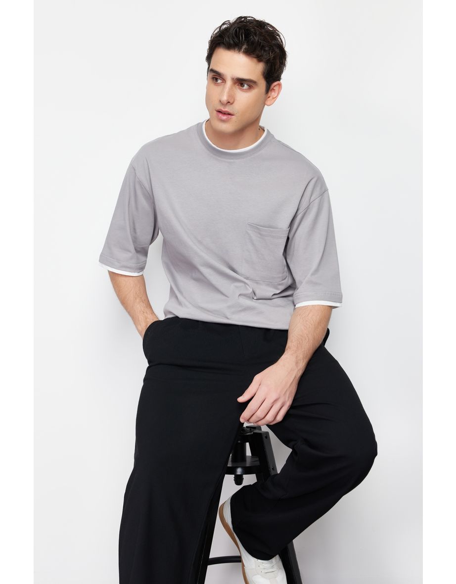 Men's Gray Oversize Pocket Piece Detailed 100% Cotton T-Shirt - 7