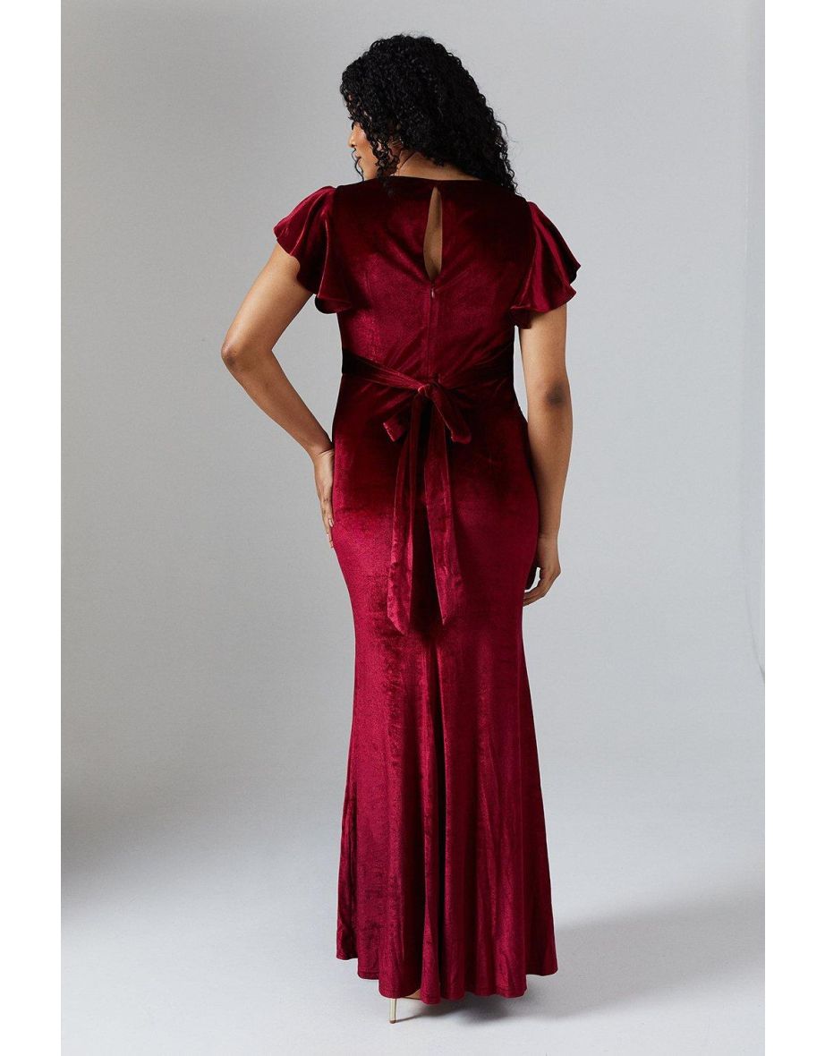 V Neck Ruffle Sleeve Velvet Bridesmaids Dress - 2