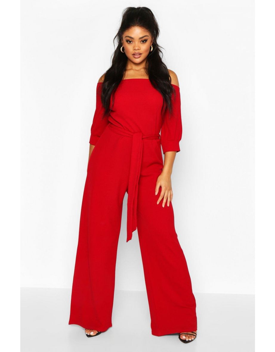 Plus Off Shoulder Tailored Self Belt Jumpsuit - red
