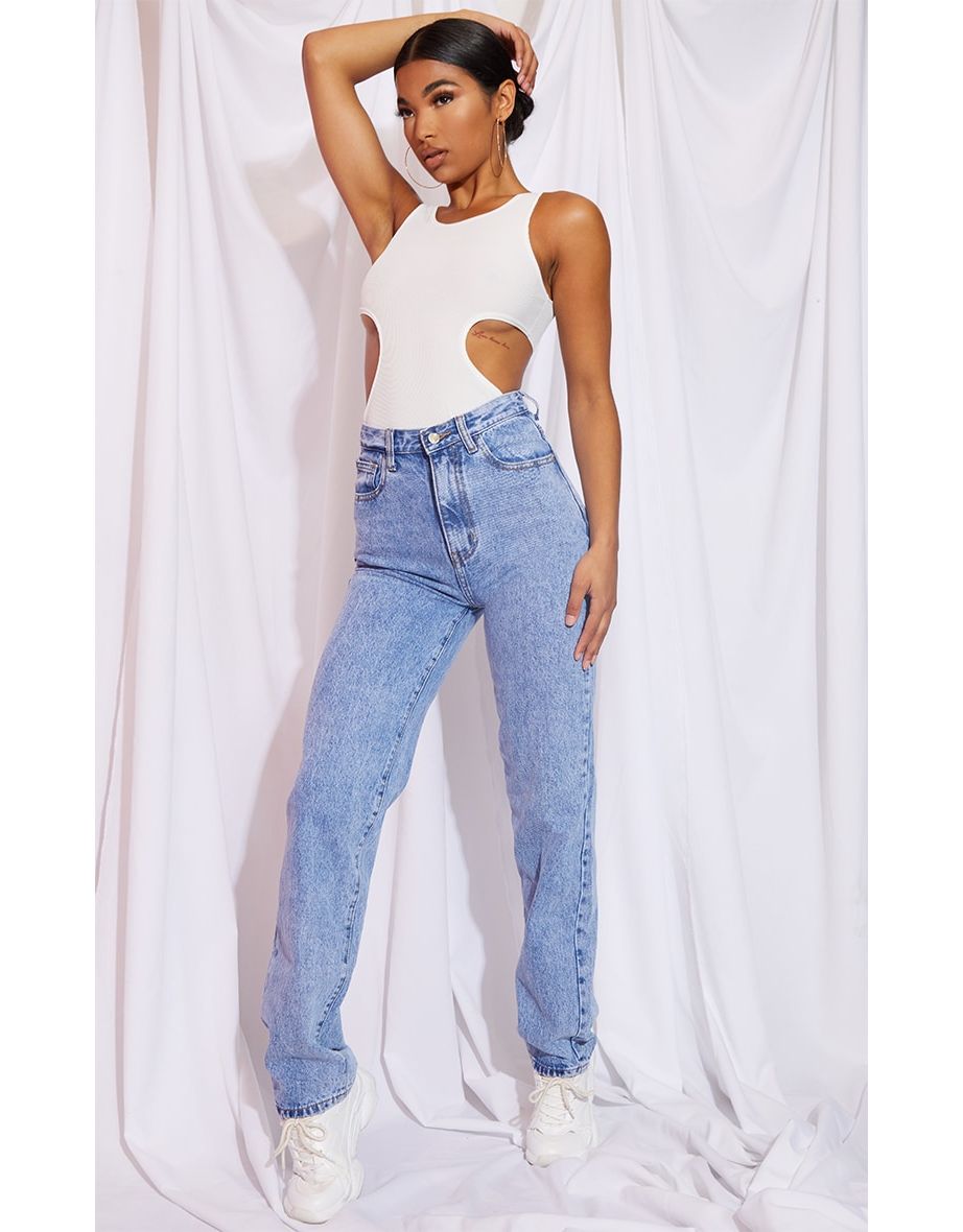 Mid Blue Acid Wash High Waist Straight Leg Jeans