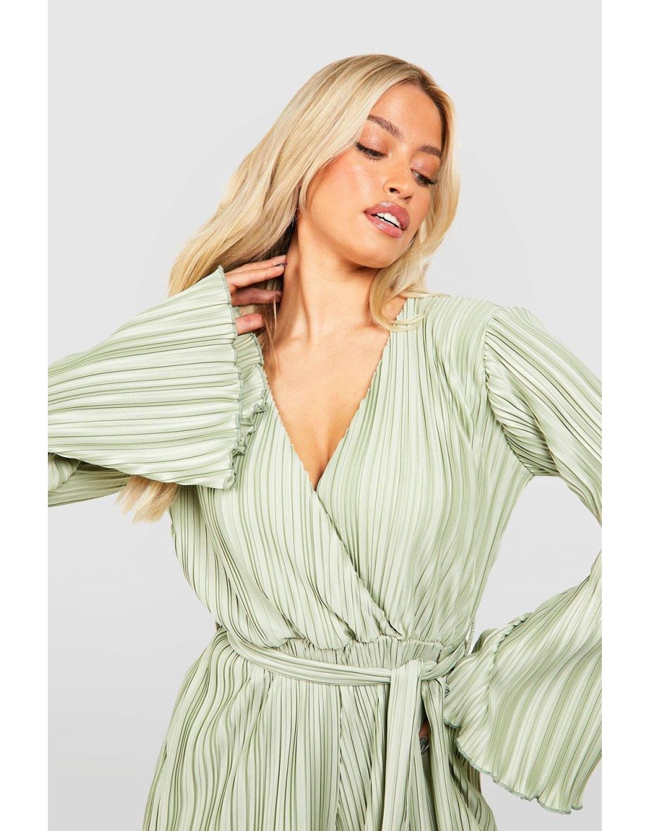 Wide Plisse Wrap Flare Sleeve Playsuit - green - 3