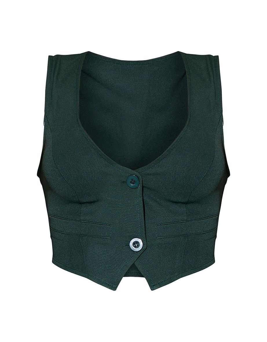 Dark Green Woven Belted Back Detail Suit Waistcoat Top - 4