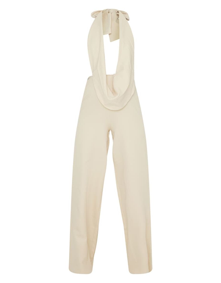 Cream Plunge Cowl Neck Drape Jumpsuit - 4