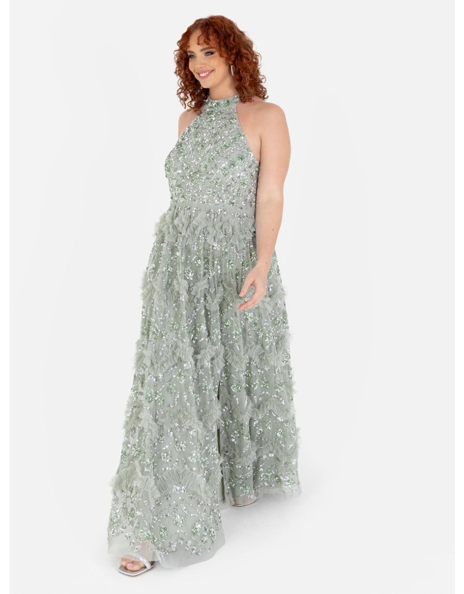 Maya Sage Green Fully Embellished Halter Neck Maxi Dress with Skirt Split - 1