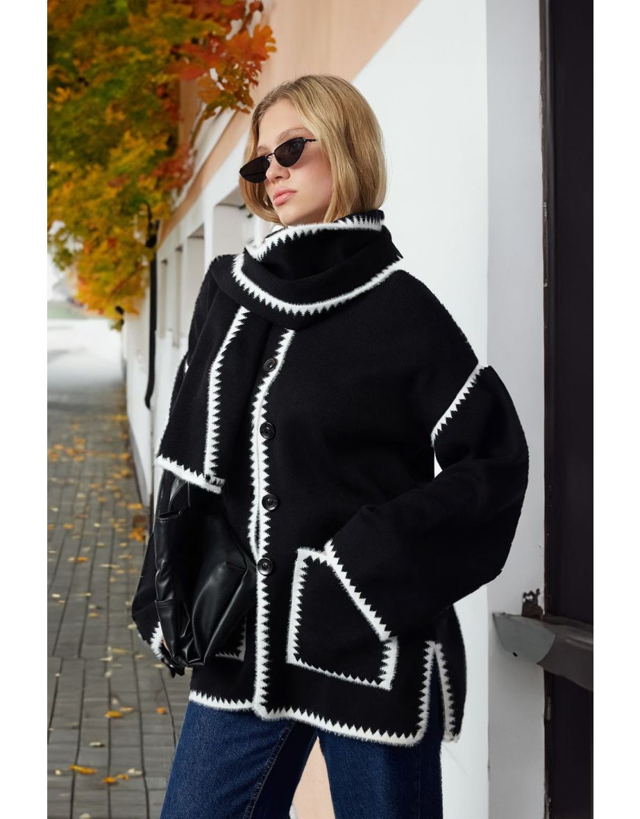 Black Soft Textured Scarf Beard Detailed Knitwear Cardigan - 4