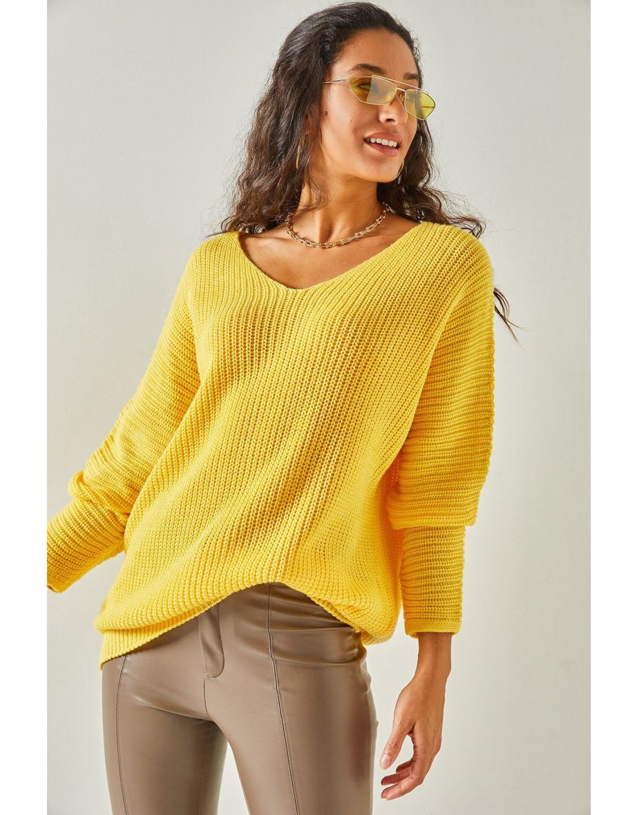 Women's Yellow V Neck Thessaloniki Knit Oversize Knitwear Tunic