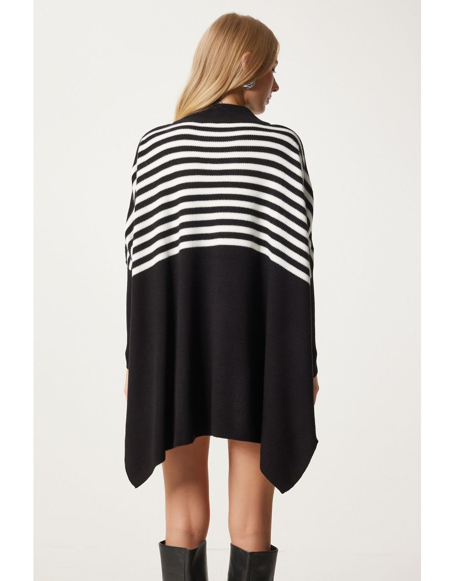 Women's Black Striped Side Slit Oversize Poncho Sweater - 6