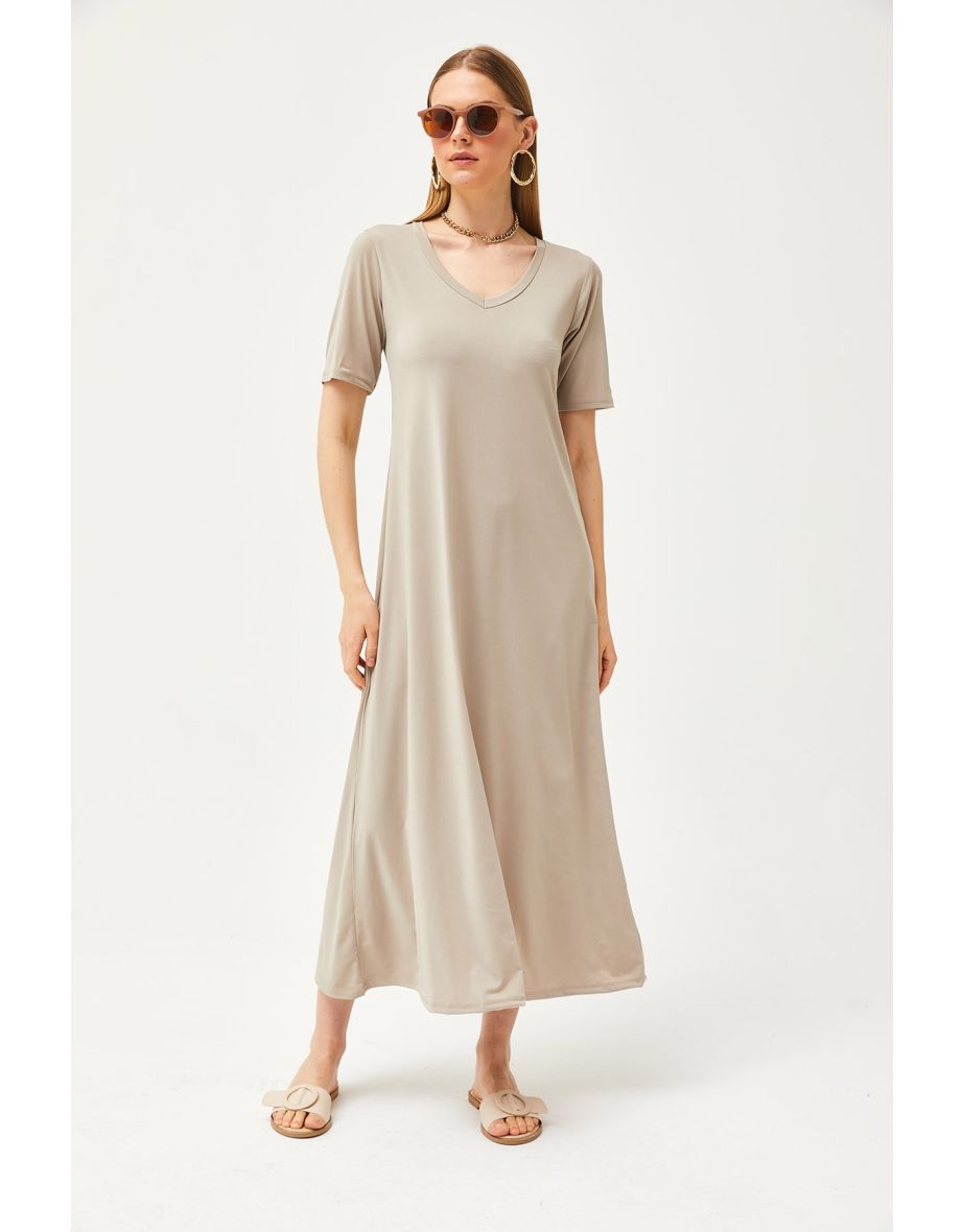 Women Stone V Neck Loose Dress - 5