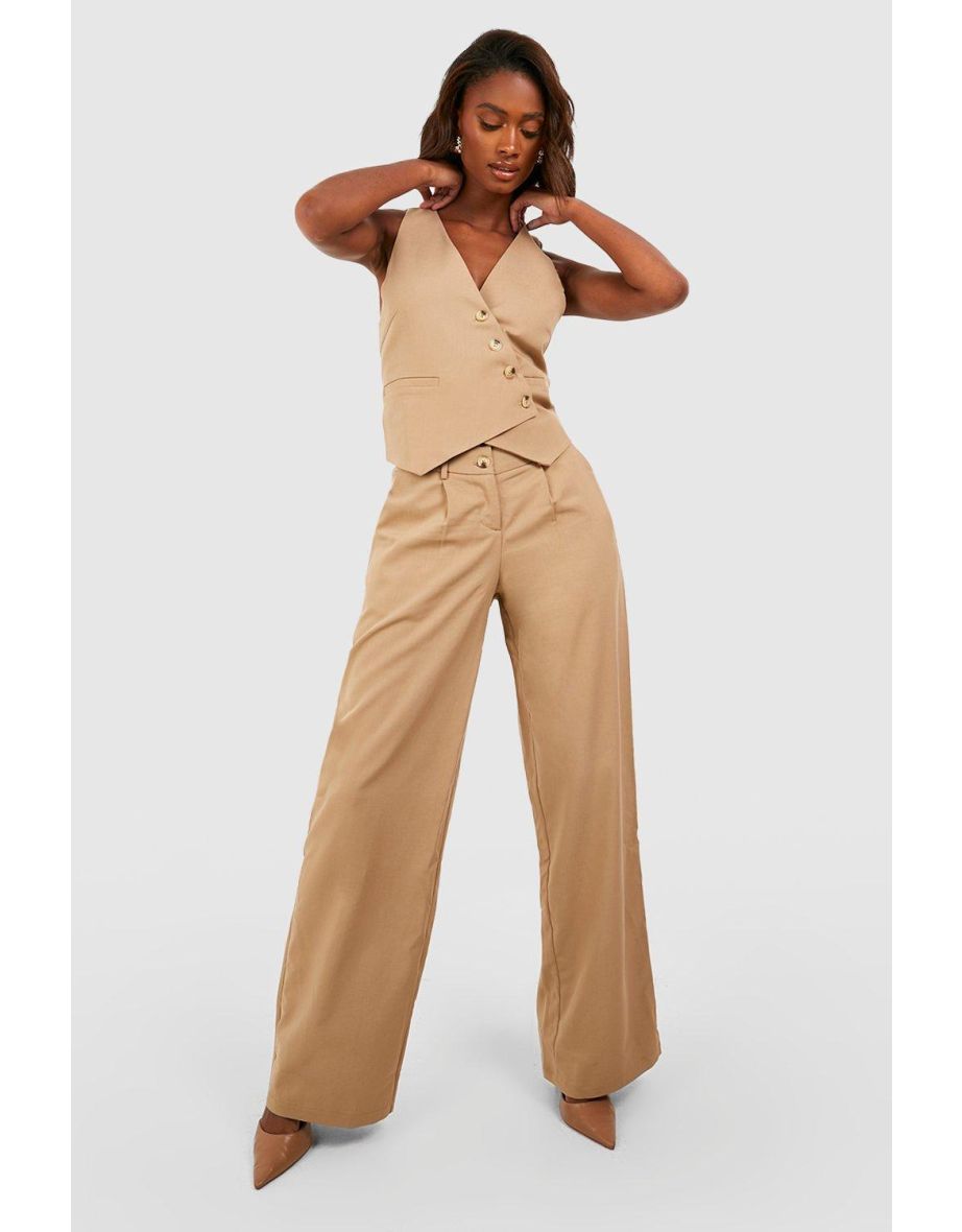 Shop Mock Horn Double Button Wide Leg Tailored Trousers mocha Online in Bahrain VogaCloset