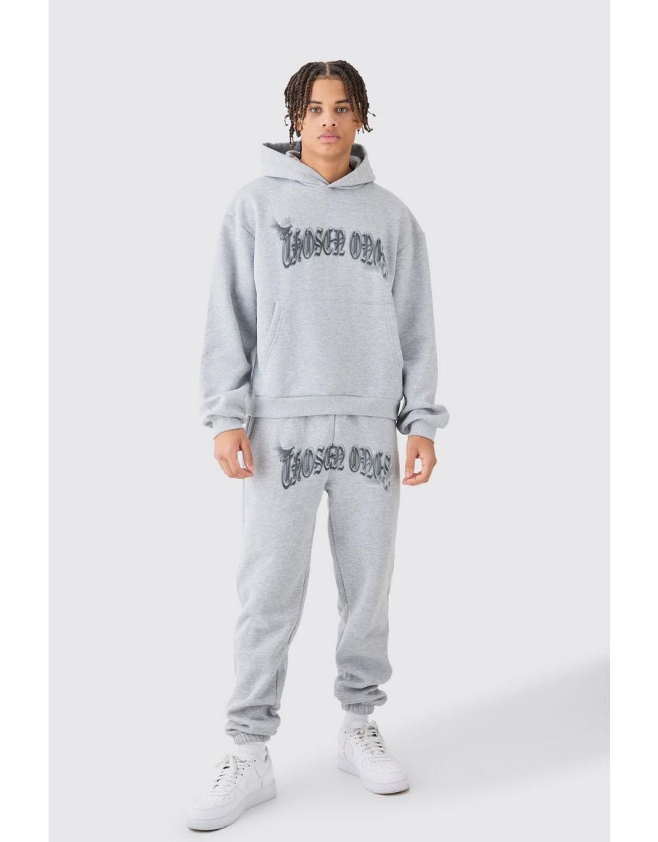 Oversized Boxy Bird Graphic Hooded Tracksuit - grey marl