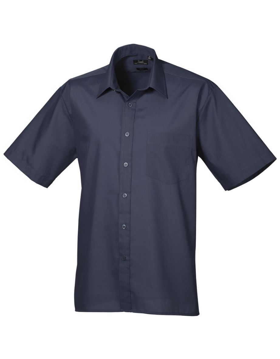 Premier Mens Short Sleeve Formal Poplin Plain Work Shirt - Navy