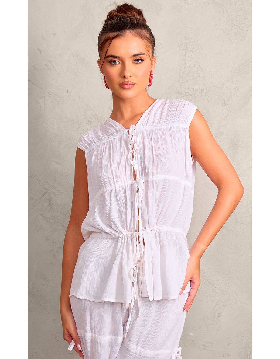 White Tie Detail Sleeveless Longline Blouse