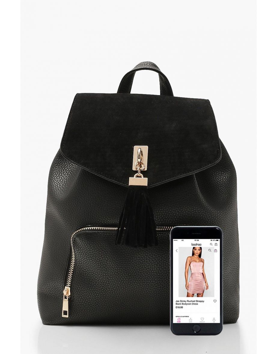 Suedette Tassel Trim Rucksack - black - 3