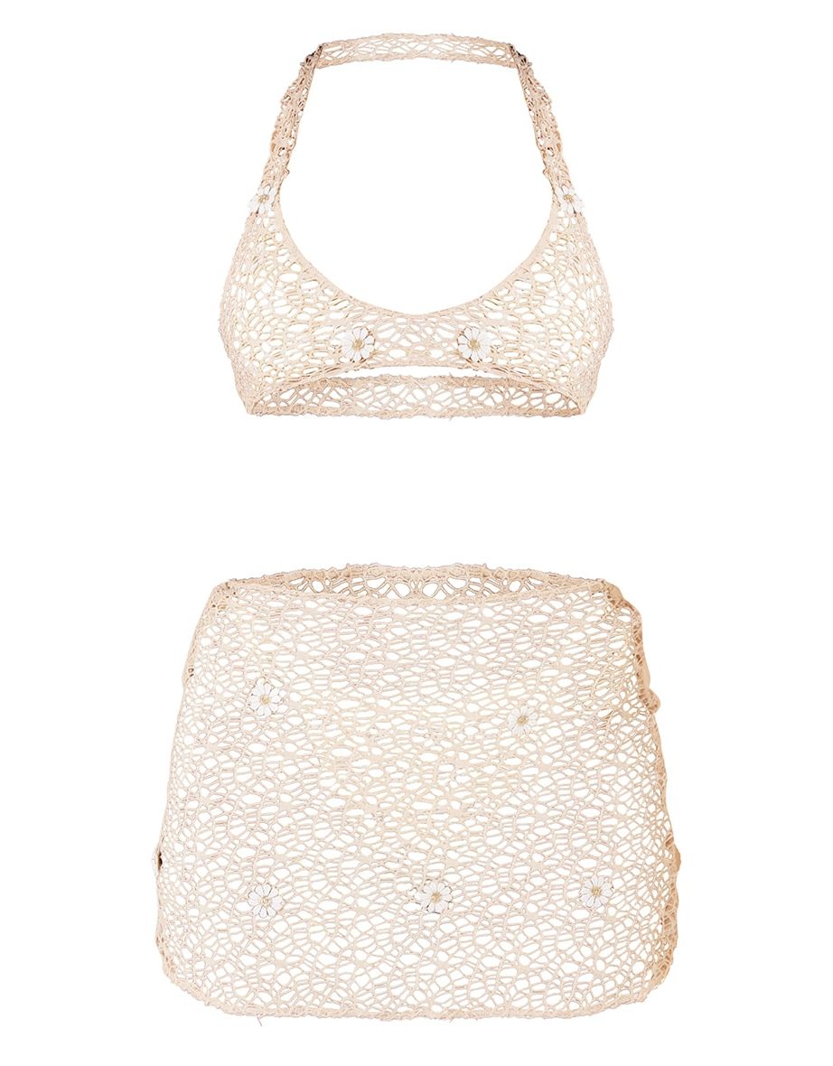 Stone Netted Flower Halter Beach Crop Top & Skirt Set - 3