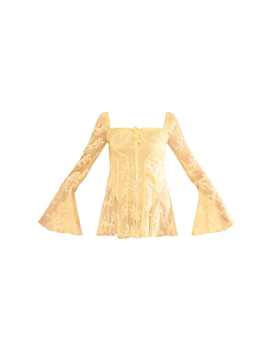 Lemon Lace Binding Detail Flare Sleeve Playsuit - 4