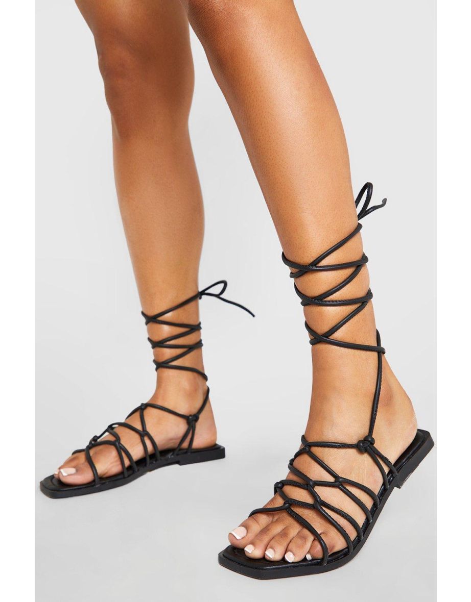 Caged Skinny Gladiator Tie Up Flat Sandals black