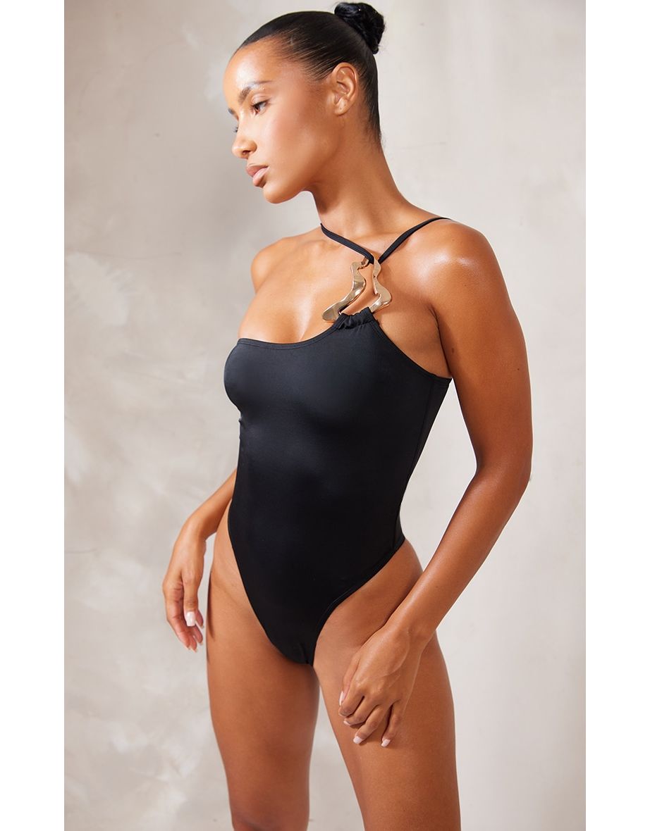 Black asymmetric swimsuit discount