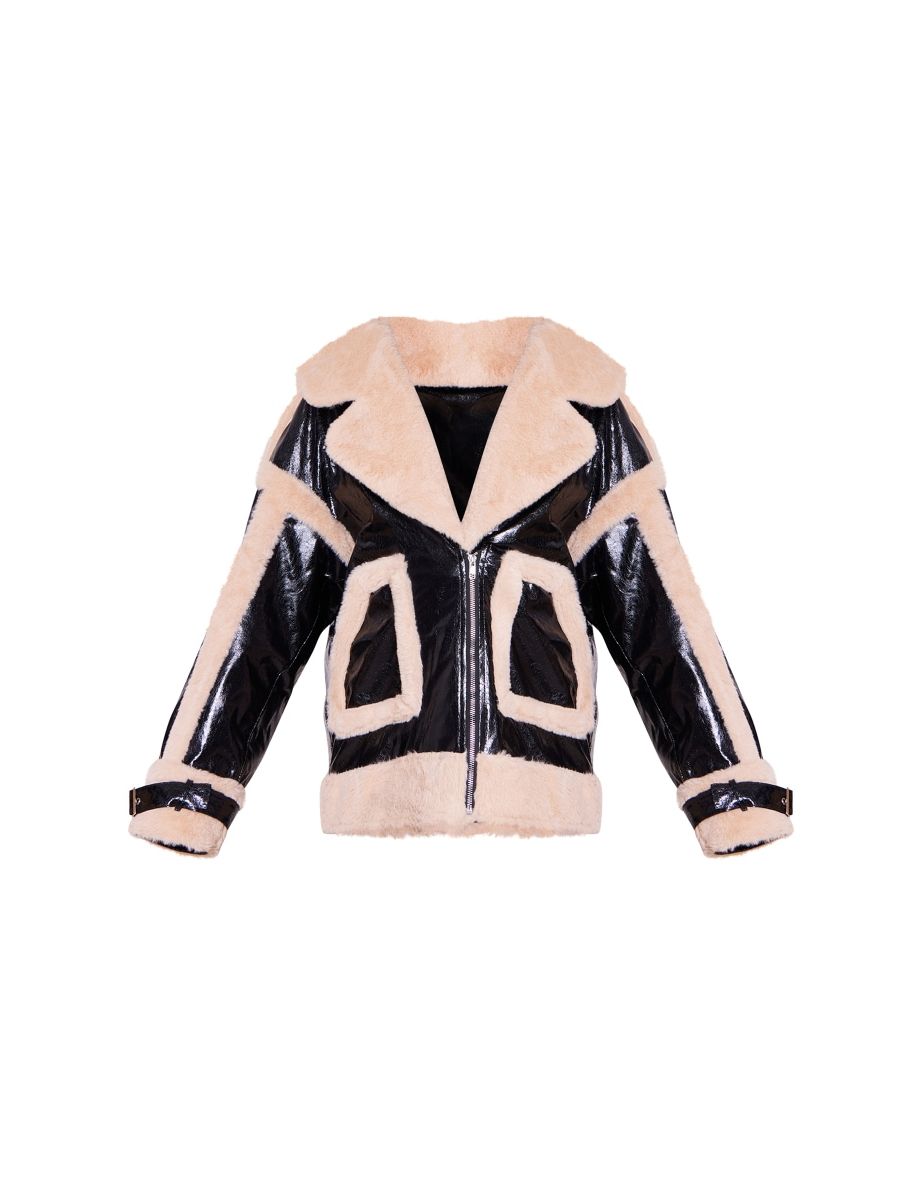 Black Vinyl Faux Fur Trim Belted Hem Aviator Jacket - 4