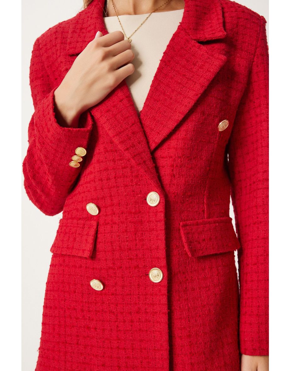 Women's Red Buttoned Blazer Tweed Jacket - 3
