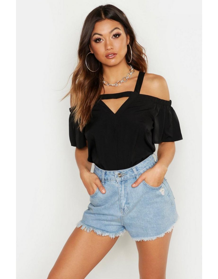 Cold Shoulder Cut Out Detail Woven Top - black