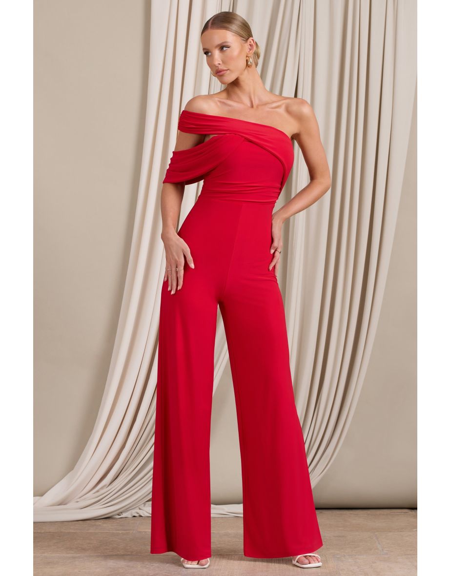 Candy | Red Asymmetric One Shoulder Ruched Jumpsuit - 3