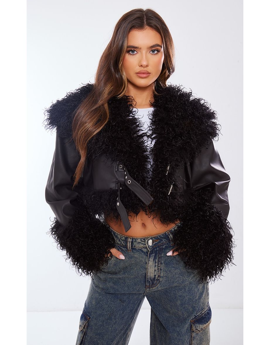 Shop Black Textured Look Faux Mongolian Fur Faux Leather Jacket Online in Iraq VogaCloset