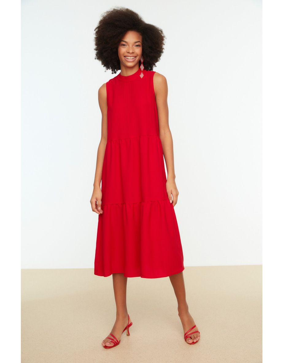 Red A-Line Midi Smock Dress with Ruffles - 4