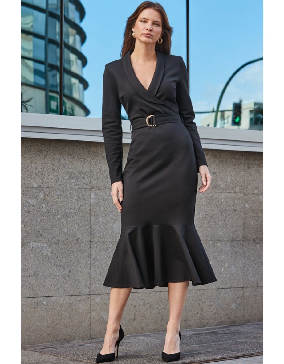 Black Tailored Fishtail Hem Wrap Dress