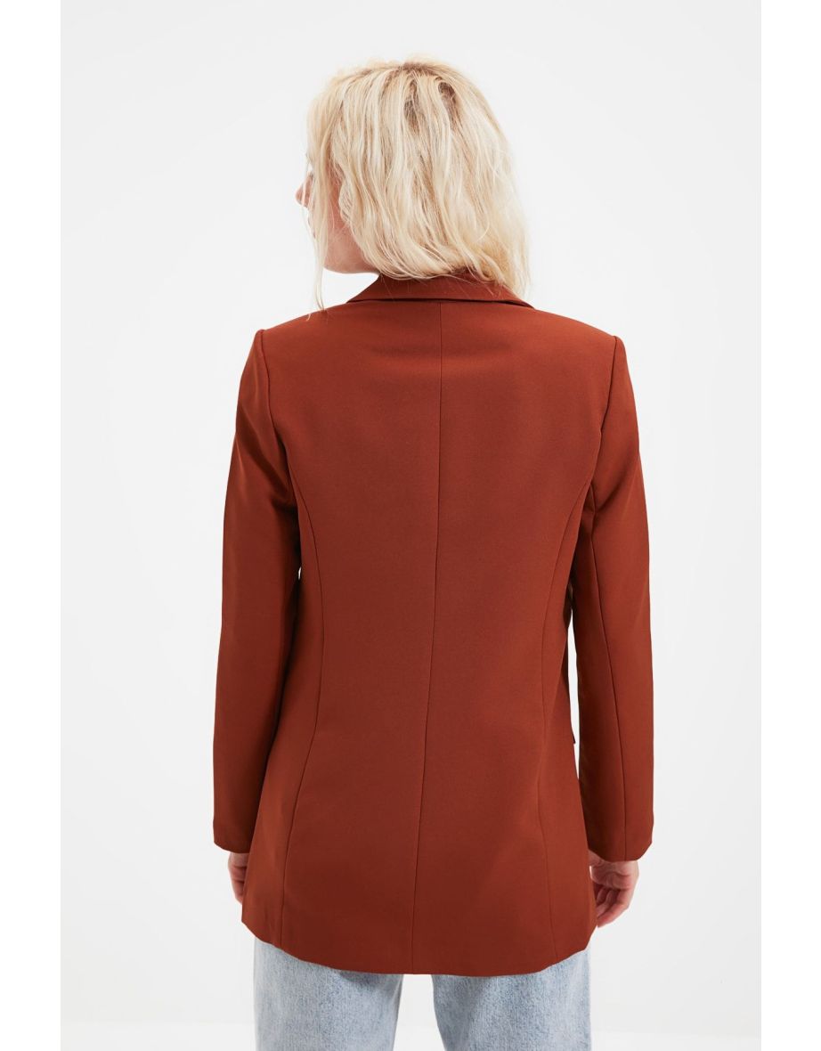 Brown Regular Lined Double Breasted Closure Woven Blazer Jacket - 3