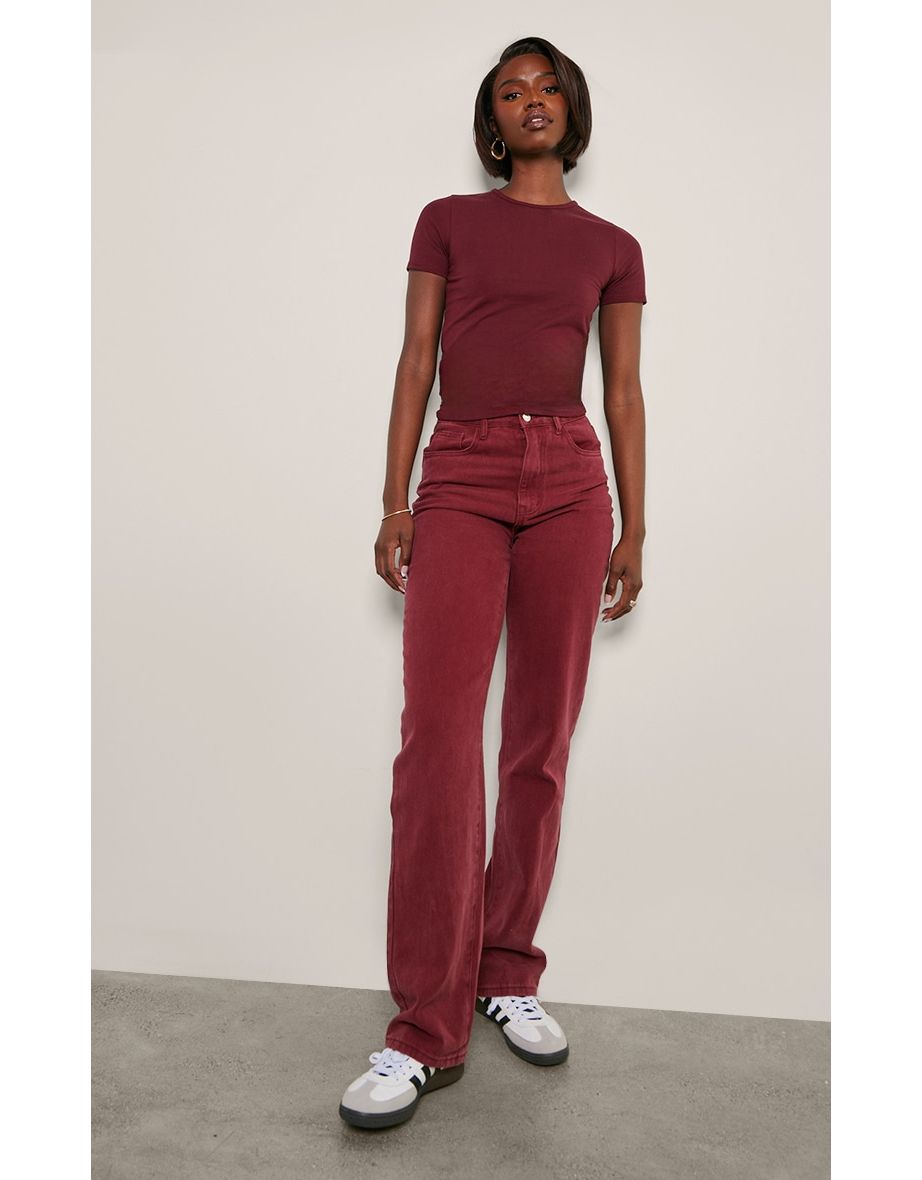 Tall Burgundy Washed High Waist Straight Leg Jeans