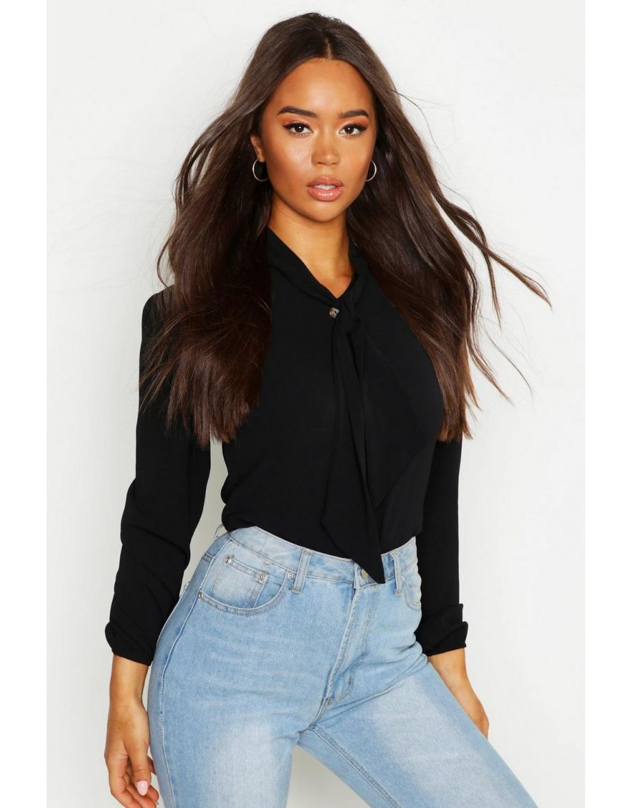 Bow Button Through Volume Sleeve Blouse - black