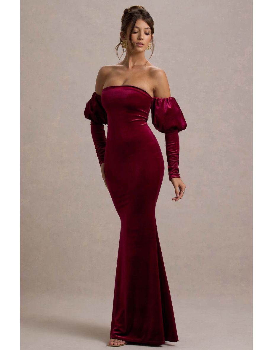 Neoma | Berry Velvet Bardot Puff-Sleeve Maxi Dress - 5