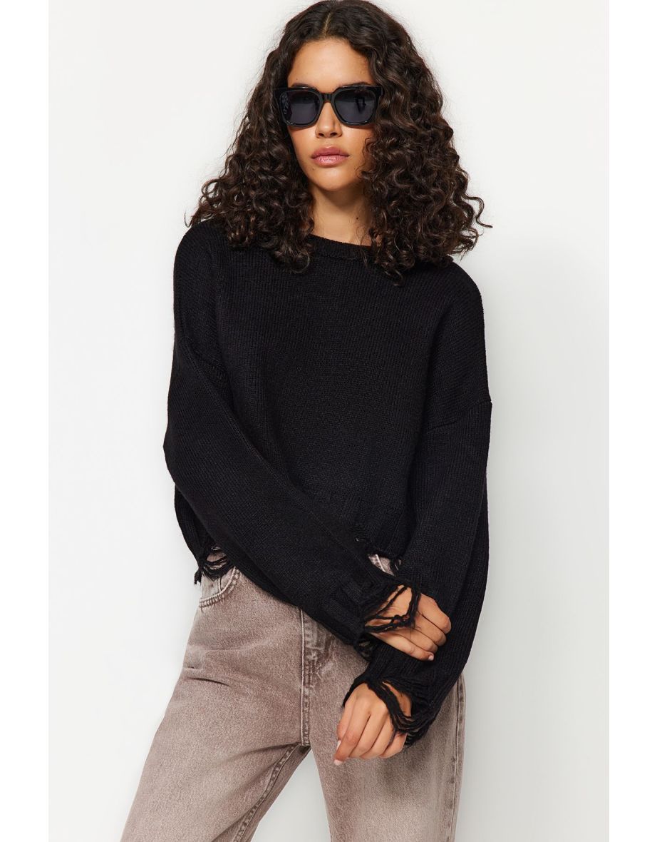 Black Crop Super Wide Fit Soft Textured Knitwear Sweater