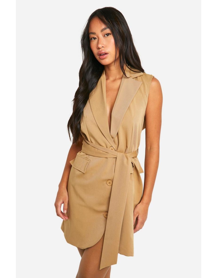 Woven Sleeveless Blazer Dress - stone