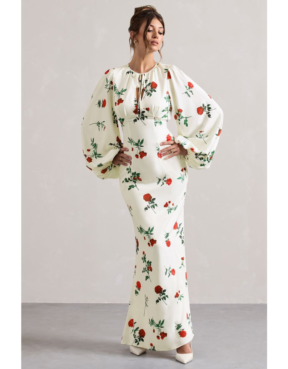 Wild Rose | Rose Print Satin Puff-Sleeve Cut-Out Maxi Dress