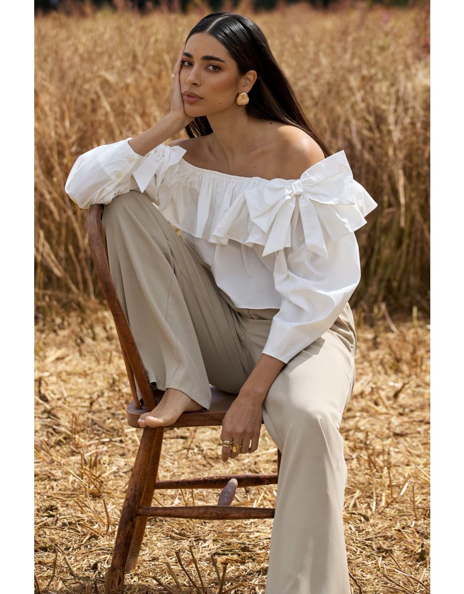 Cove | White Bardot Puff-Sleeve Ruffle Top With Bows