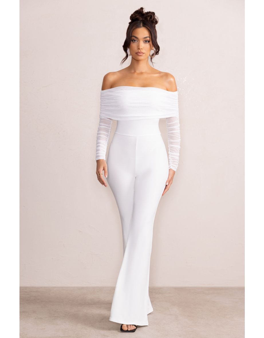 White Ruched Mesh Bardot Jumpsuit