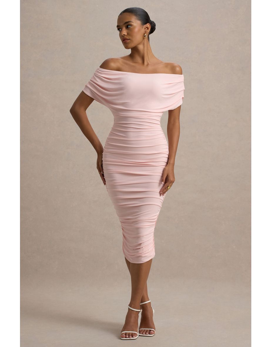 Rayleigh | Pink Bardot Ruched Midi Dress