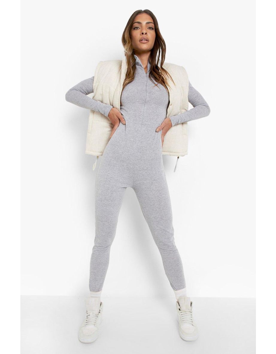 Slogan Detail Zip Front Jumpsuit - grey marl