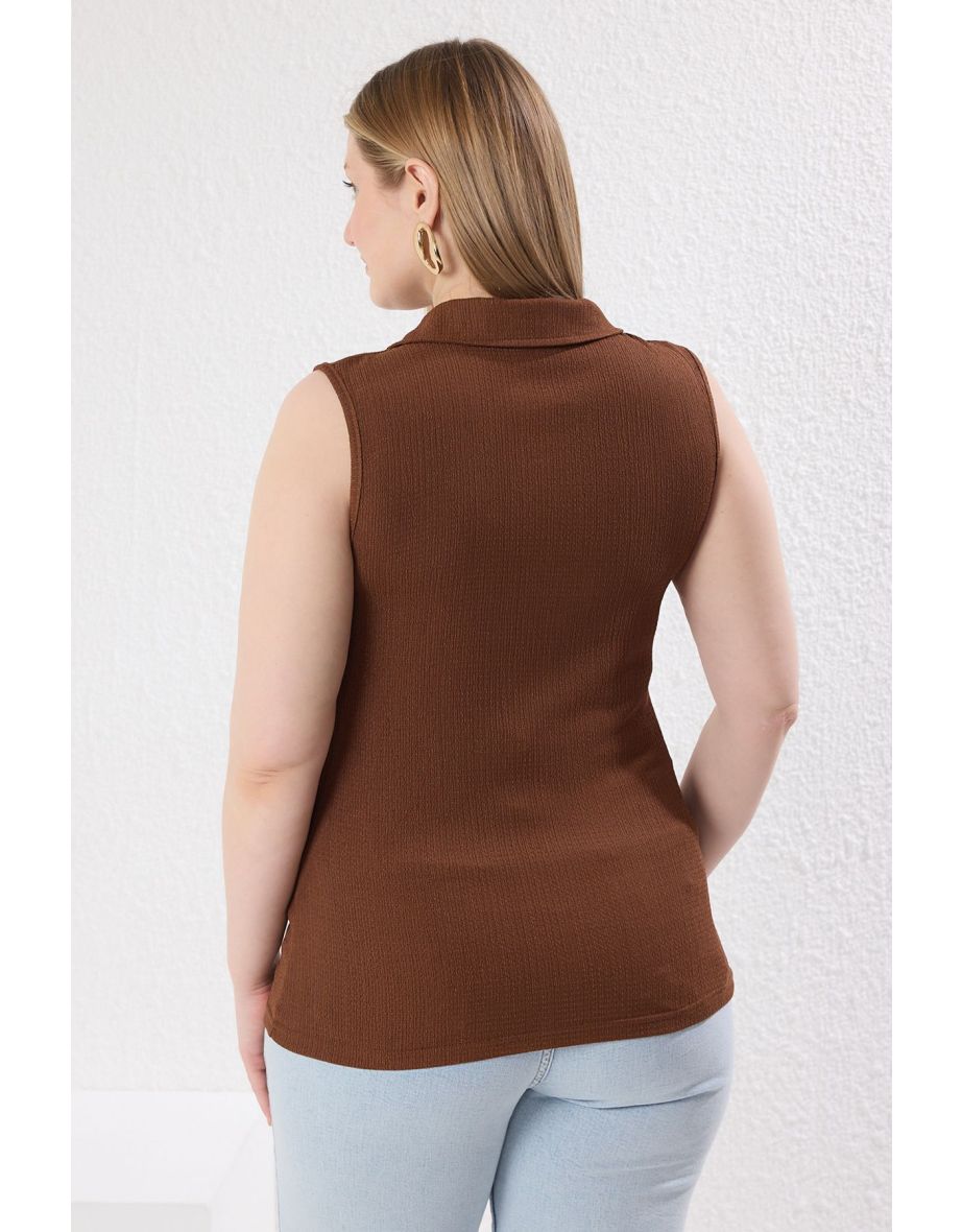 Brown Shirt Collar Gathered Knitting Plus Size Blouse - 4