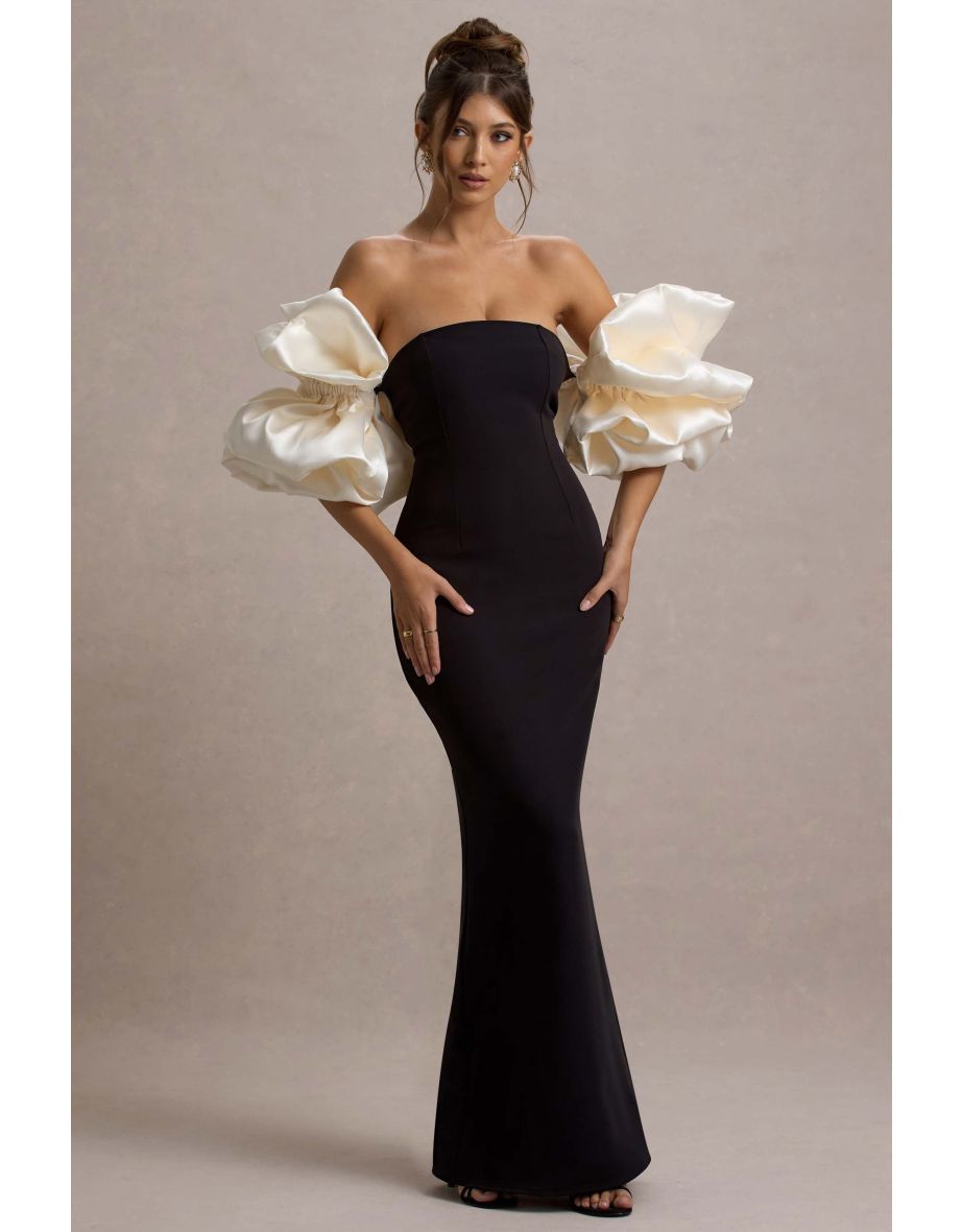 Evermore | Black & Cream Puff-Sleeve Maxi Dress