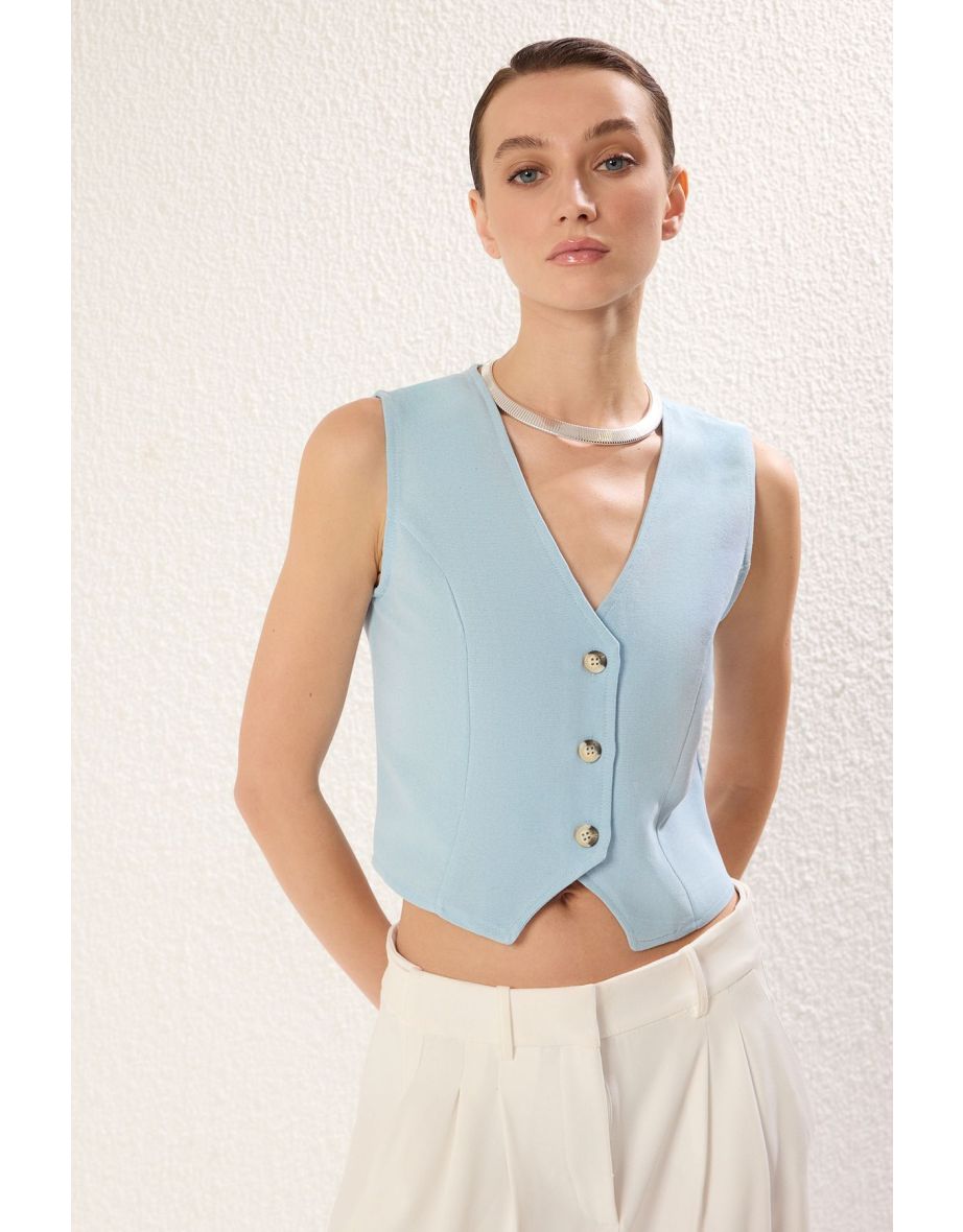 Blue Regular Cotton Crop Linen Woven Waistcoat