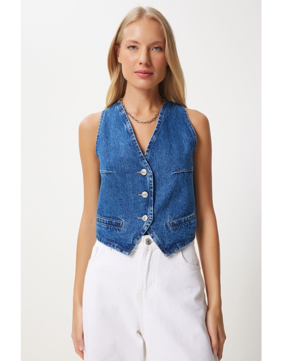 Women's Blue V Neck Crop Denim Vest