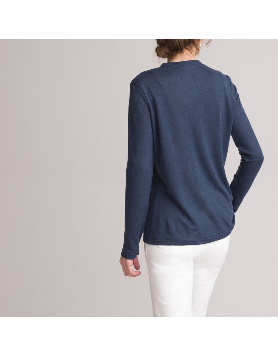 Linen Grandad Collar T-Shirt with Long Sleeves - 4