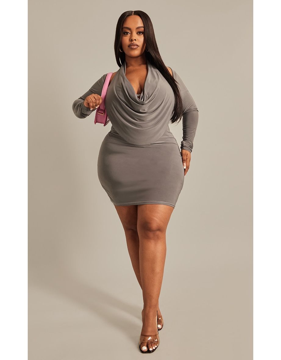 Shop Plus Charcoal Cowl Neck Longsleeve Bodycon Dress Online in Bahrain VogaCloset