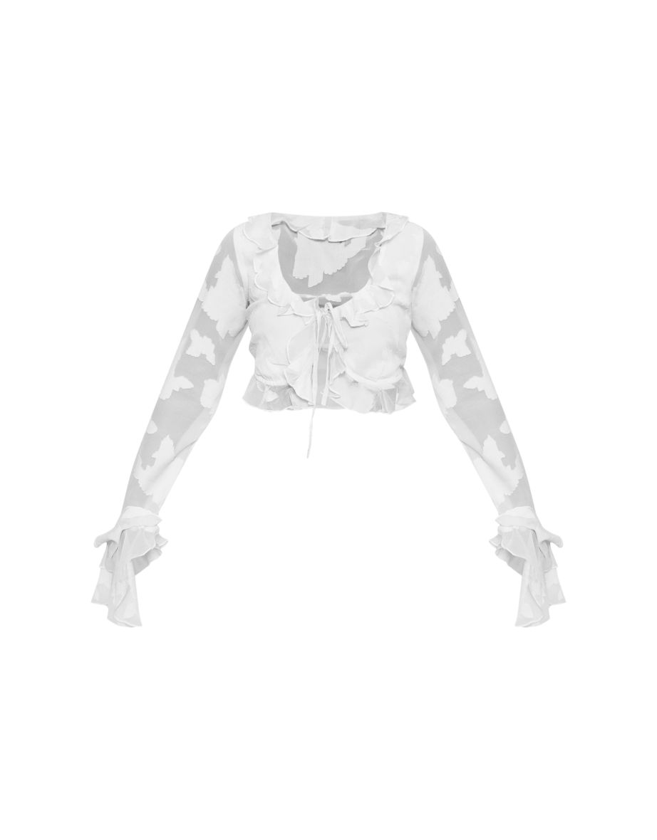 Cream Textured Chiffon Tie Front Frilly Crop Top - 4